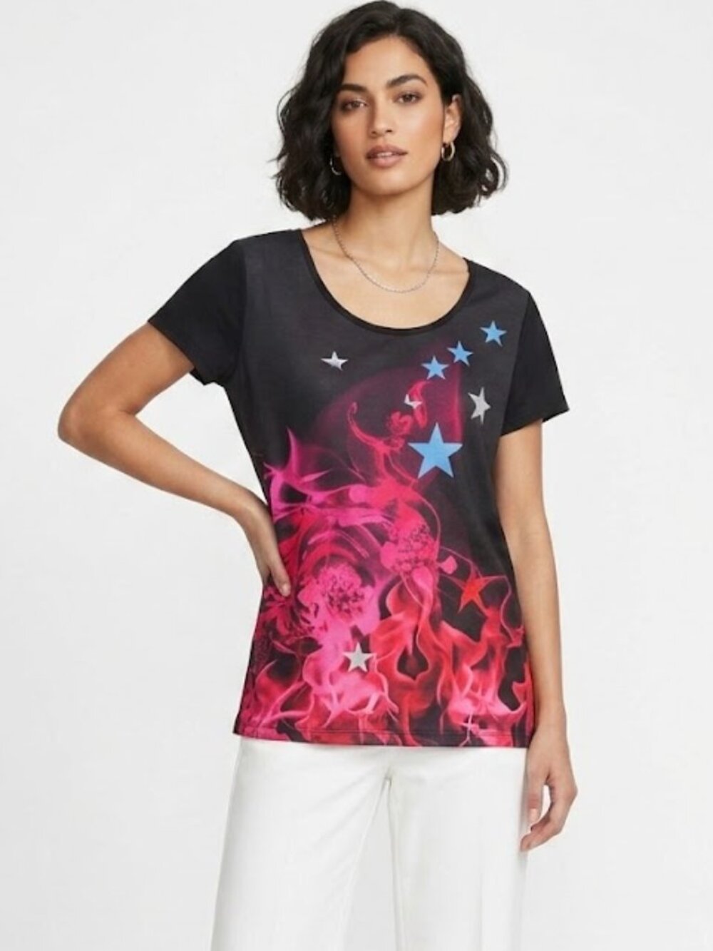 Enyce Womens Graphic Tee Top Black Red Blue Stars Short Sleeve Large New